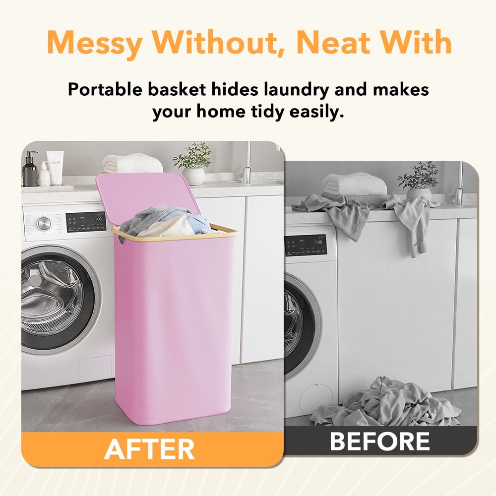 PLUMEBAY 110L Laundry Hamper with Lid, Large Foldable Clothes Basket with Bamboo Handles, Tall Fabric Hamper for Bedroom, Bathroom, Dorm, Pink
