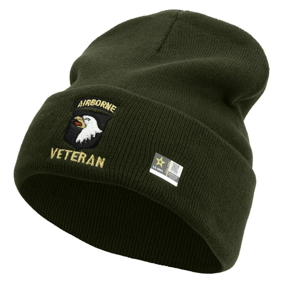 101st Airborne Veteran Embroidered 12 Inch Long Knitted Beanie - Olive OSFM