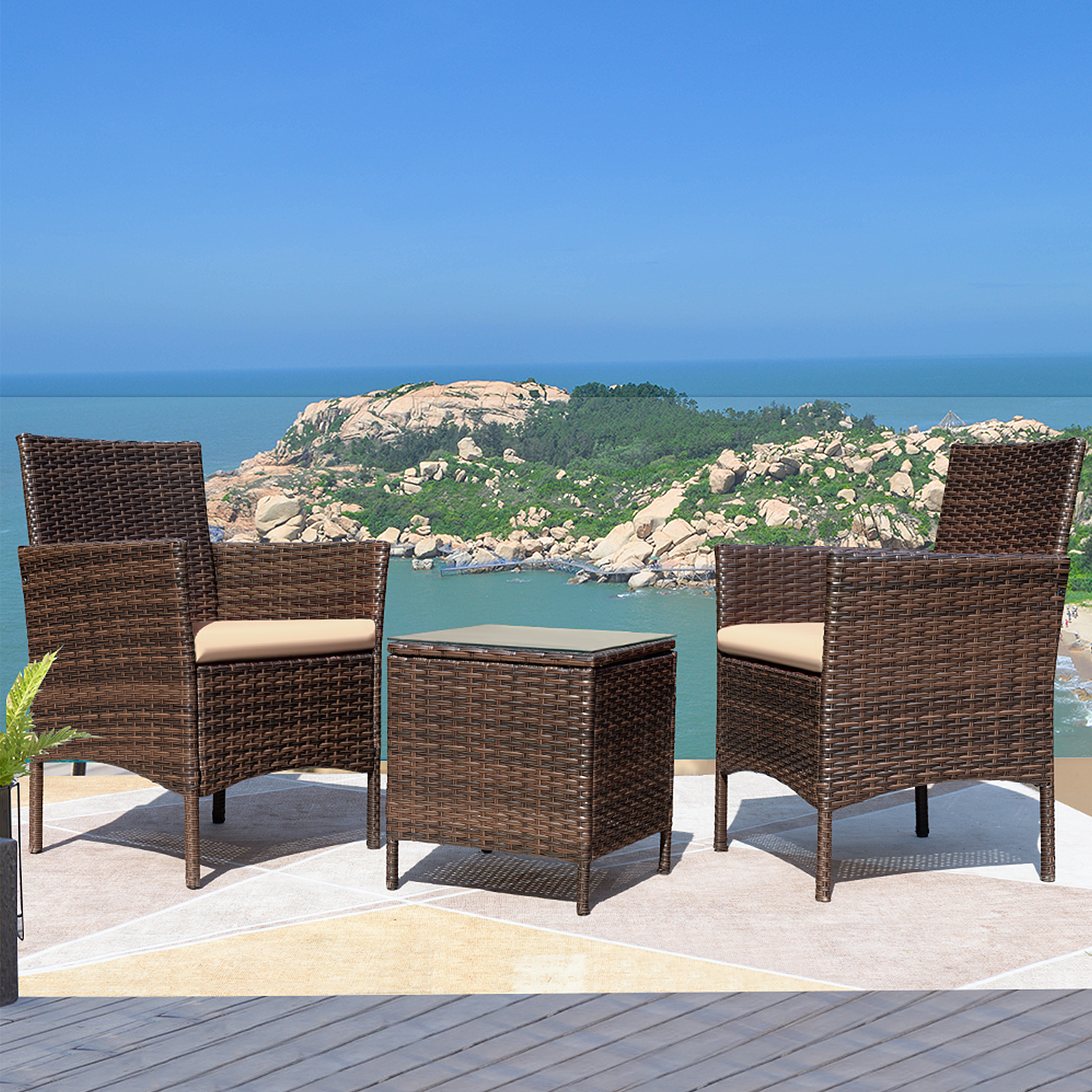Devoko 3-Piece Patio Conversation Set, Brown/Beige photo 2
