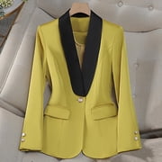 Women's Satin Blazer with Contrast Lapel Collar Button Slim Dressy Jacket for Office Yellow 2XL