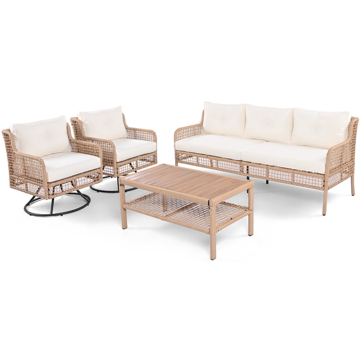 HighSound Patio Furniture Set, 5 Piece Outdoor Conversation Set with Rocking Swivel Chairs, Wicker Rattan Outdoor Sofa Set with Coffee Table for Backyard, Deck, Porch, Beige Cushions