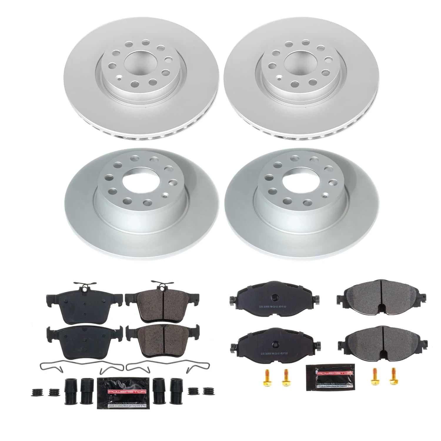 PowerStop Front and Rear Geomet Coated Brake Rotor and Pad Kit Fits: VOLKSWAGEN Select Models CRK9193