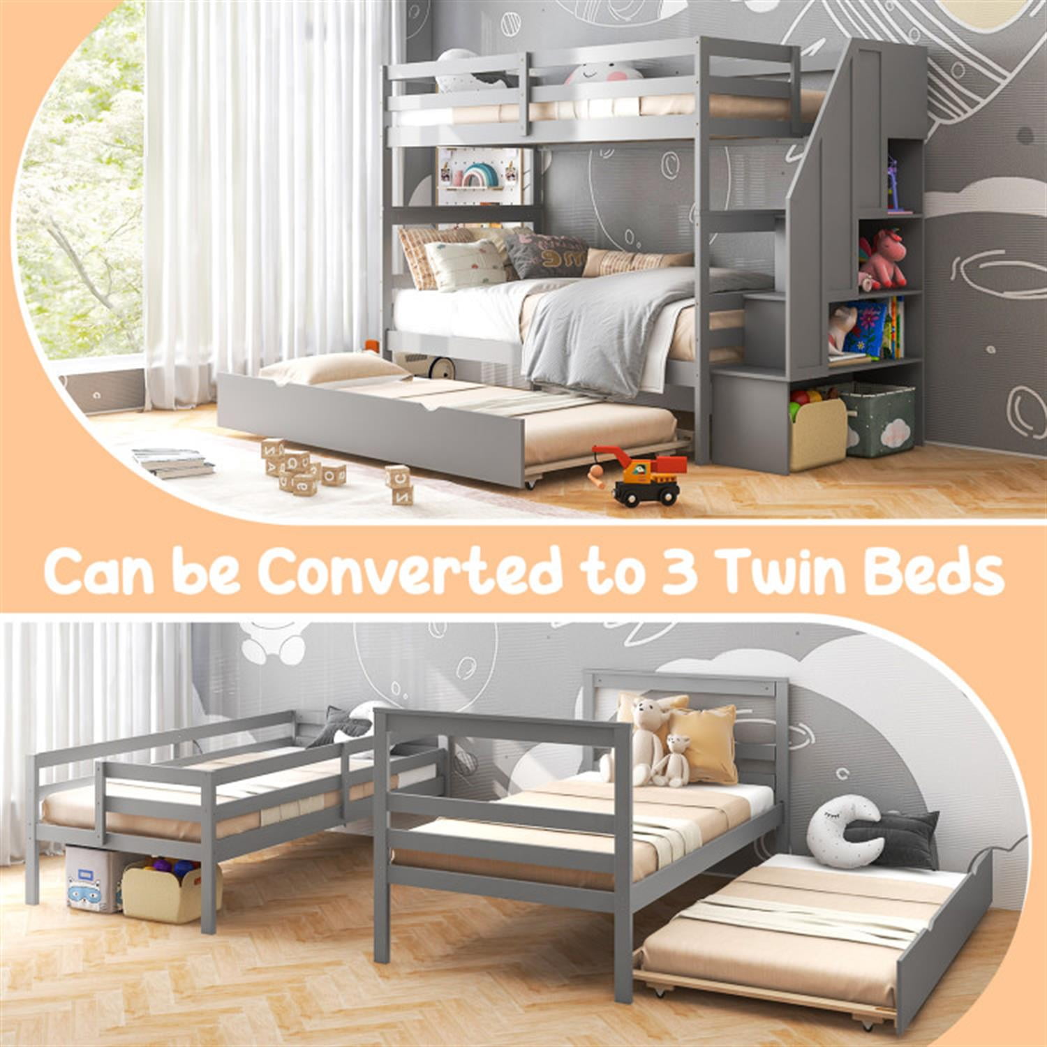Demi Bonn Home Wood Bunk Bed with Guard Rail and 4-step Storage Stairs, Twin Bunk Beds, No Box Spring Needed, Gray
