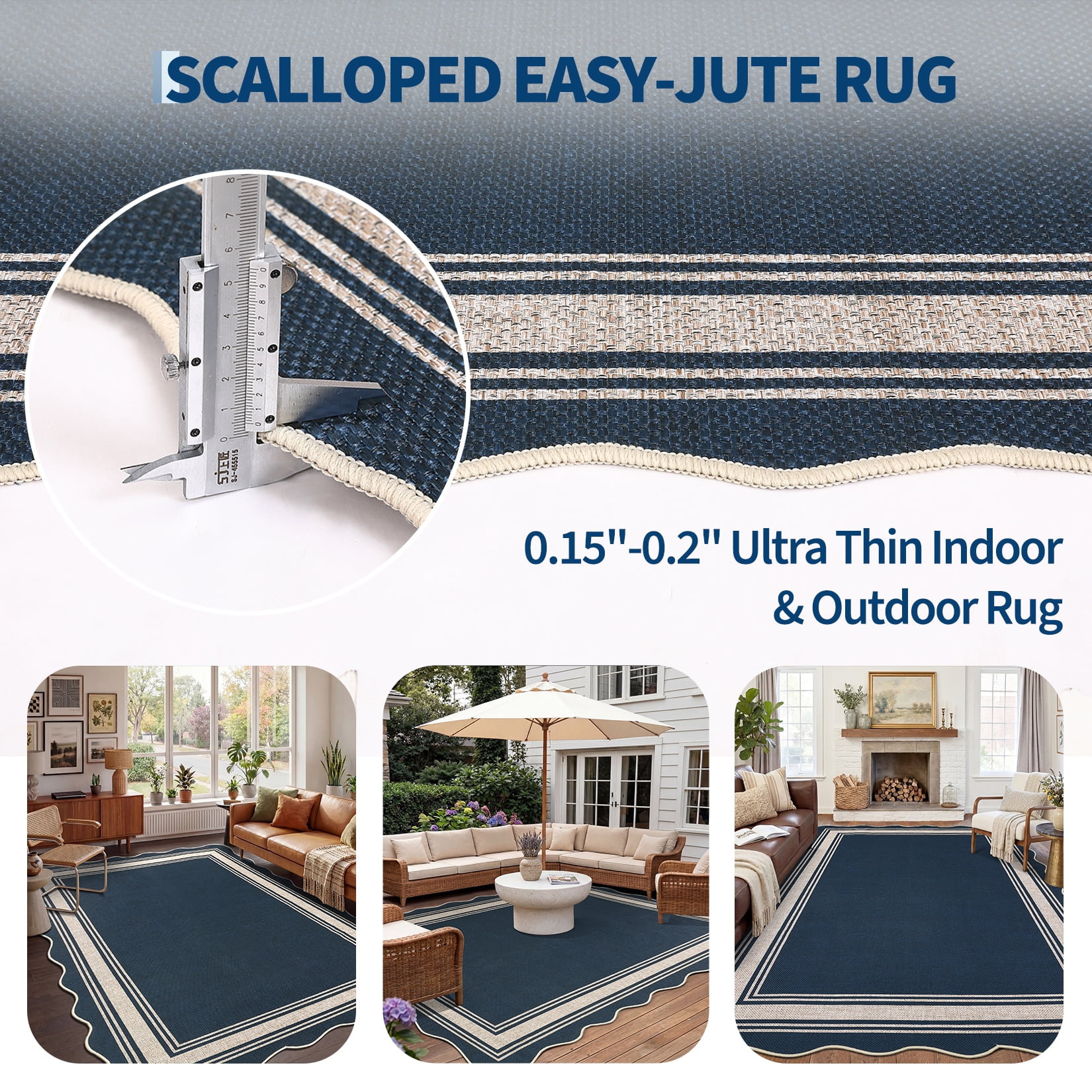 Garvee 10'x13' Scalloped Washable Indoor Outdoor Rug Natural Jute Carpet, Non Slip Low Pile Rug for Patio, Living Room, Bedroom, Home Decor, Blue