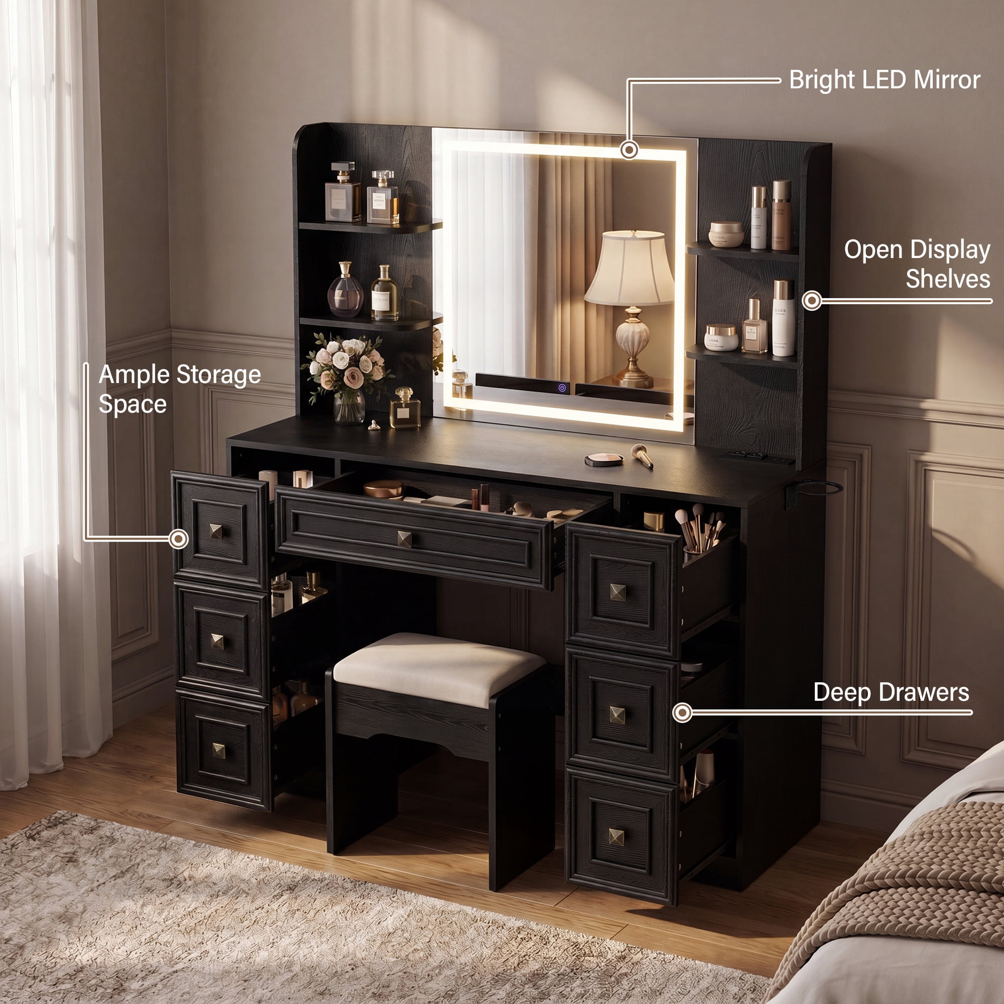 Lacoo Makeup Vanity Desk with LED Lighted Mirror & Charging Station, 7 Drawers Vanity Table with Open Shelves & Hair Dryer Holder for Bedroom Dressing Room, Black