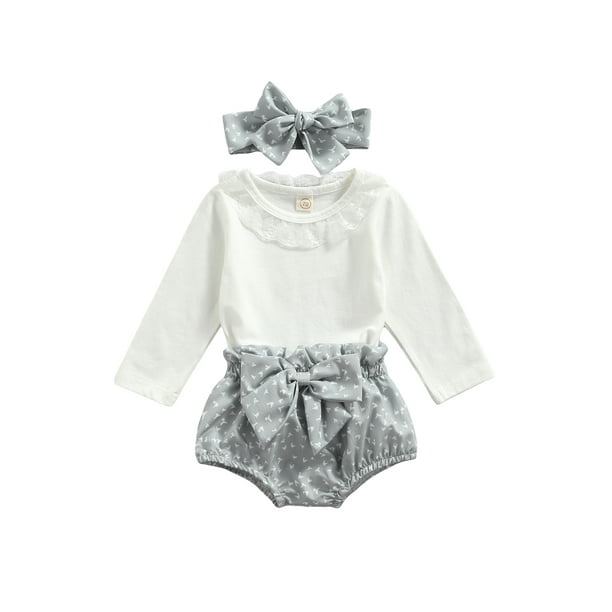 Xingqing Newborn Baby Girl Fall Winter Clothes Outfits Lace Romper Bodysuit  Floral Shorts Pants Headband Set Gray 12-18 Months