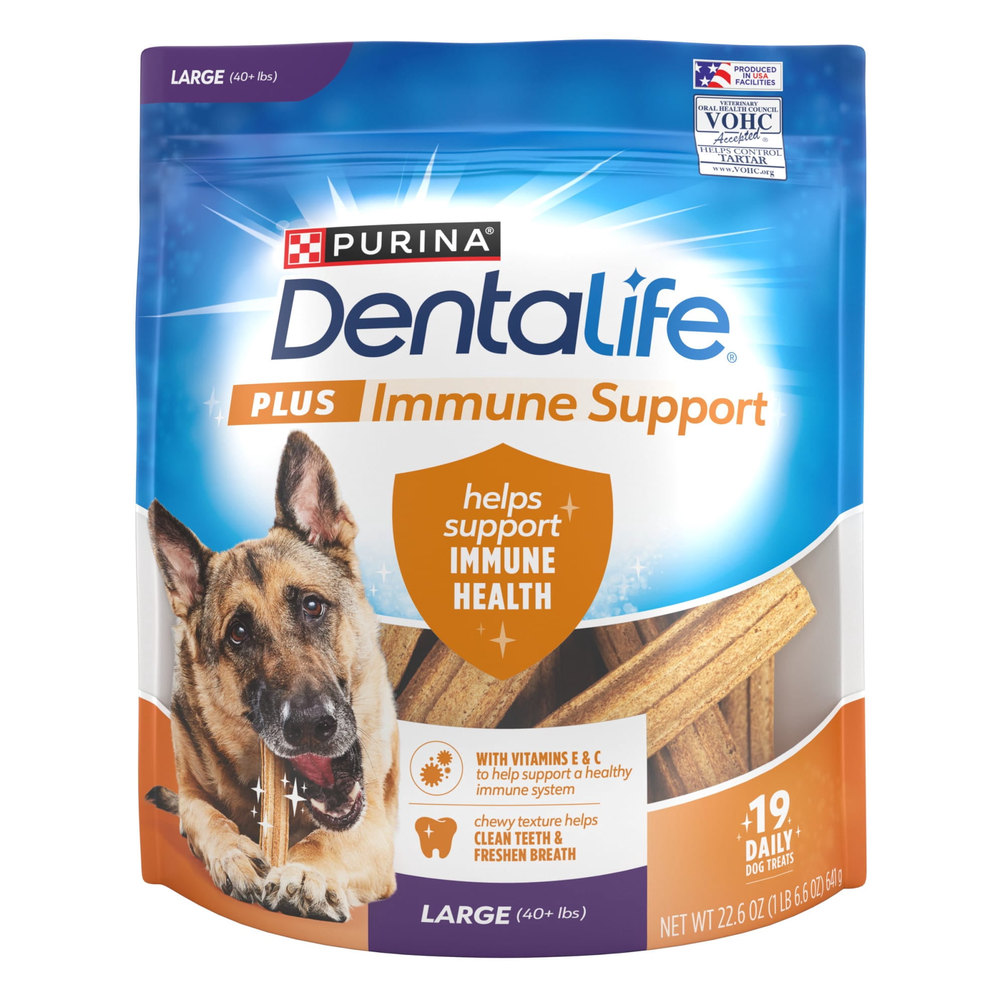 DentaLife Plus Immune Support Chicken, Apple and Blueberry Flavor Large Dog Dental Chews, 22.6 oz., Count of 19