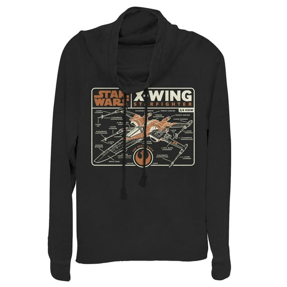 Junior's Star Wars: The Rise of Skywalker X-Wing Schematic Frame  Cowl Neck Sweatshirt Black X Large