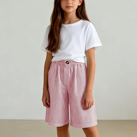 Babcutegg Cotton Linen Casual Shorts for Kids – Straight Leg Striped Waistband Comfortable Loose-Fit Five-Pocket Summer Pants Red Size 13 Years