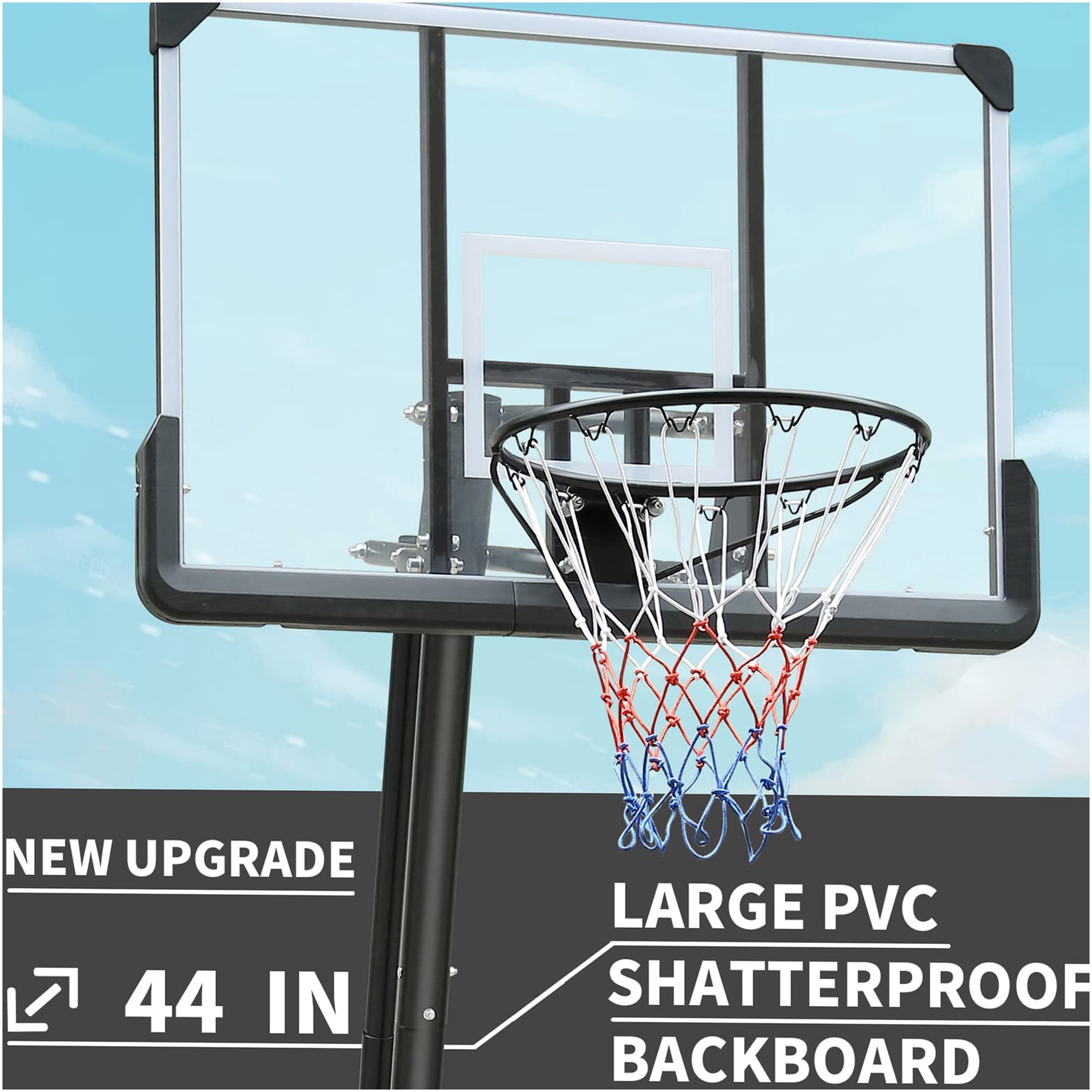 JERFIT 44" Portable & Adjustable Basketball Hoop System with Wheels, 7.5-10ft Height Adjustable Goal Post for Outdoor & Indoor Use, Durable Polycarbonate Backboard, Black+Gray