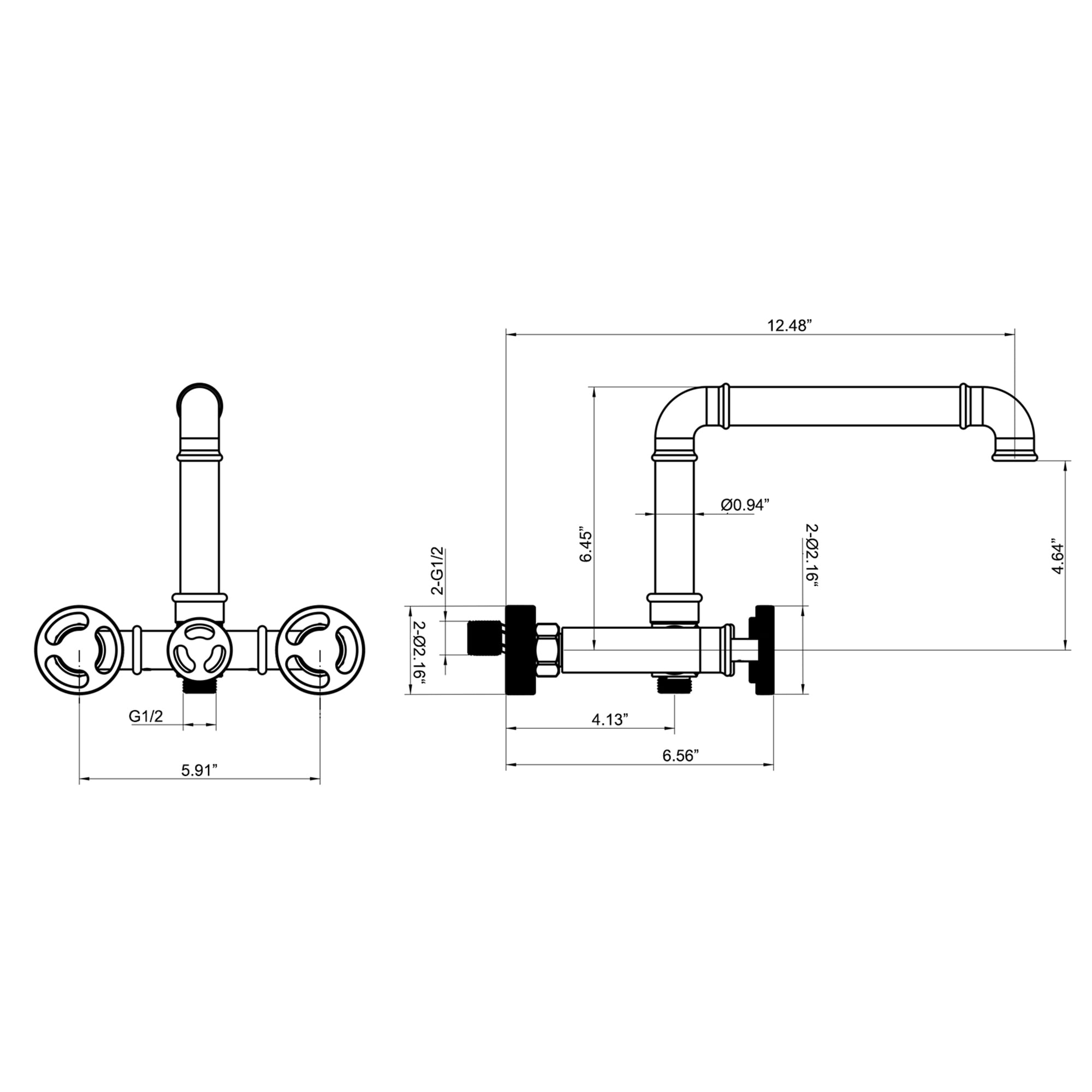 Three Wheel Handle Industrial Pipe Wall Mounted Bathtub Filler Faucet with Hand-held Shower