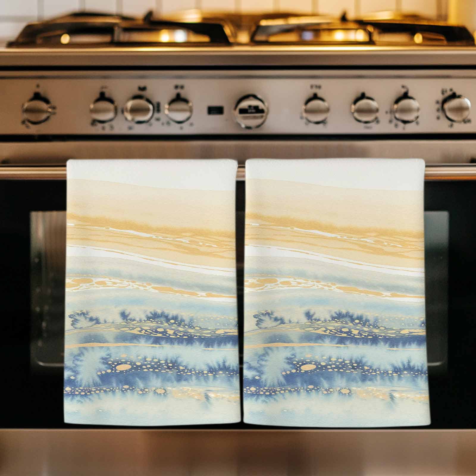 Dish Towels, Yellow Blue Marble Absorbent Kitchen Towels 2 PCS, Abstract Fluid Microfiber Hand Towels Dish Cloths Tea Towels for Home&nbsp;Bathroom Cleaning Drying,18X28-Inch,