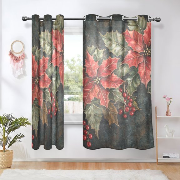 Adorned Poinsettia Holly Leaves Blackout Curtains 63 inch Length 2 Panels Window Decoration Curtains for Bedroom Living Room
