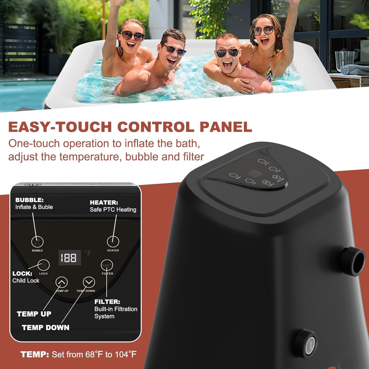 MOPHOTO 2-4 Person Inflatable Hot Tub Square Portable Blow up Hot Tub Leak-Proof PVC Outdoor Spa with 120 Air Jets Insulated Cover Heater Pump(60"*60"*25")