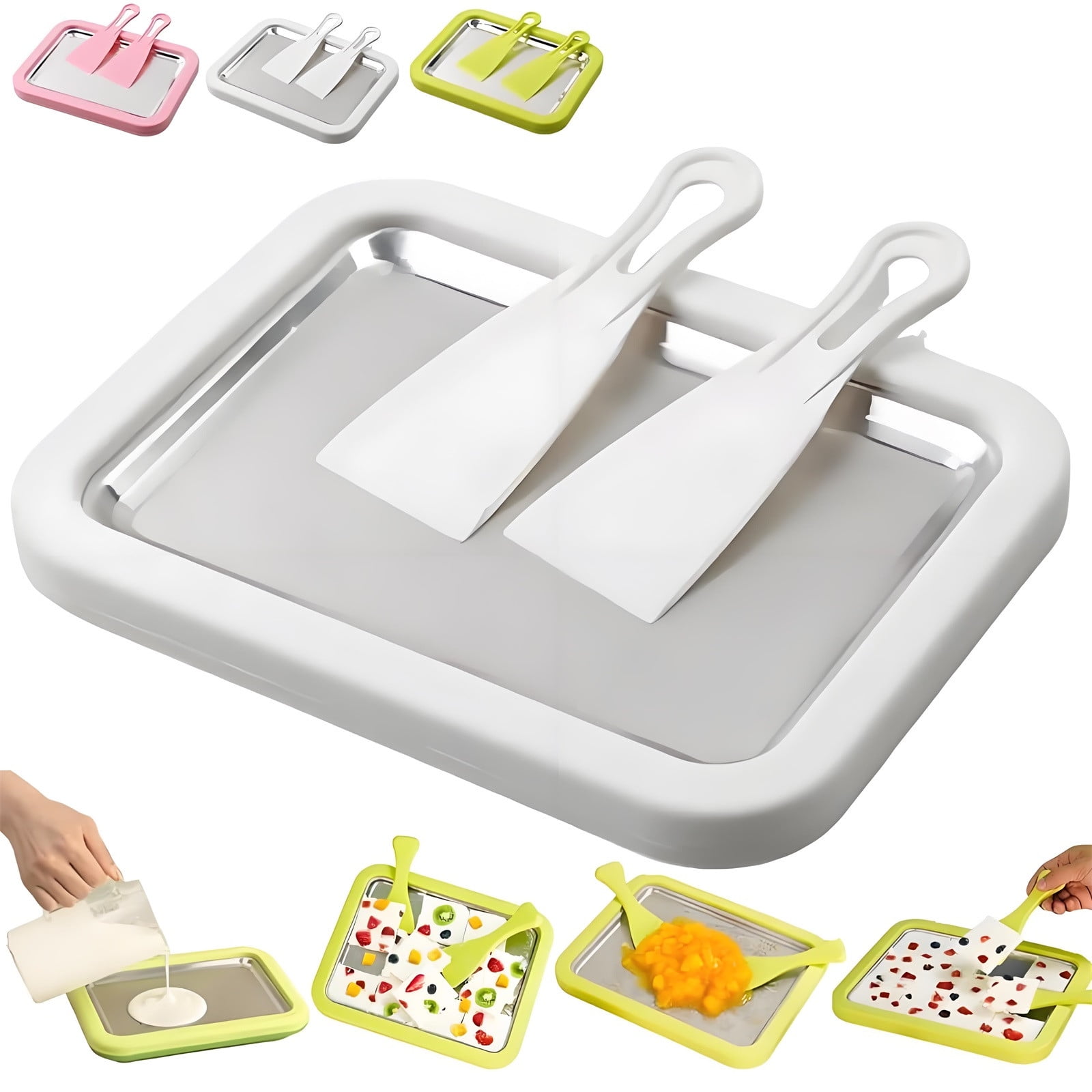Rolled Ice Cream Maker Kit – Instant DIY Ice Cream Tray with 2 Scrapers, Stainless Steel Homemade Rolling Ice Cream Pan, No Electricity Needed, Family Fun Gift