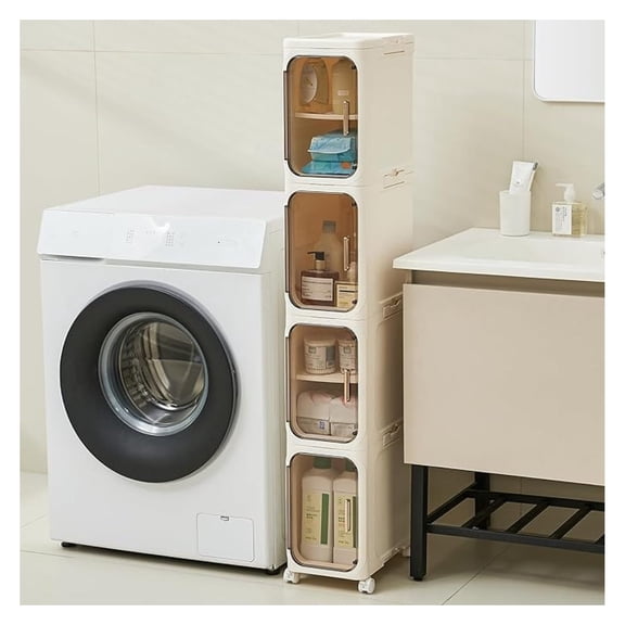 4-Tier Tall Narrow Storage Cabinet- Plastic Slim Bathroom Storage Organizer with Magnetic Doors,Adjustable Shelves&Movable Wheels, Foldable Skinny Cabinet for Small Spaces,Kitchen,Laundry
