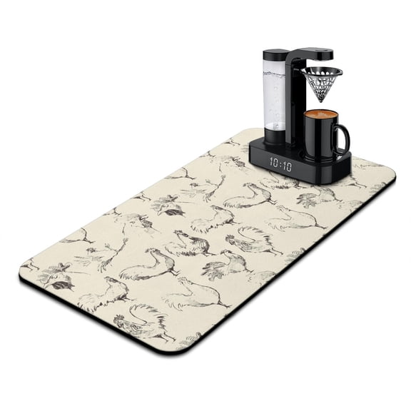 Farm Animal Coffee Maker Mat - Non-Slip 4-Layer Mat with Rooster and Floral Pattern