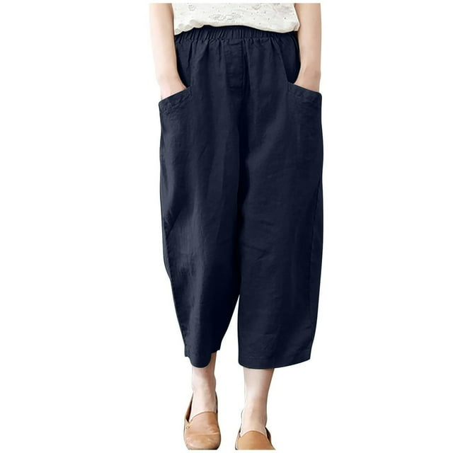 Pantalon Décontracté d'Été pour Femmes en Coton et Lin avec Poches