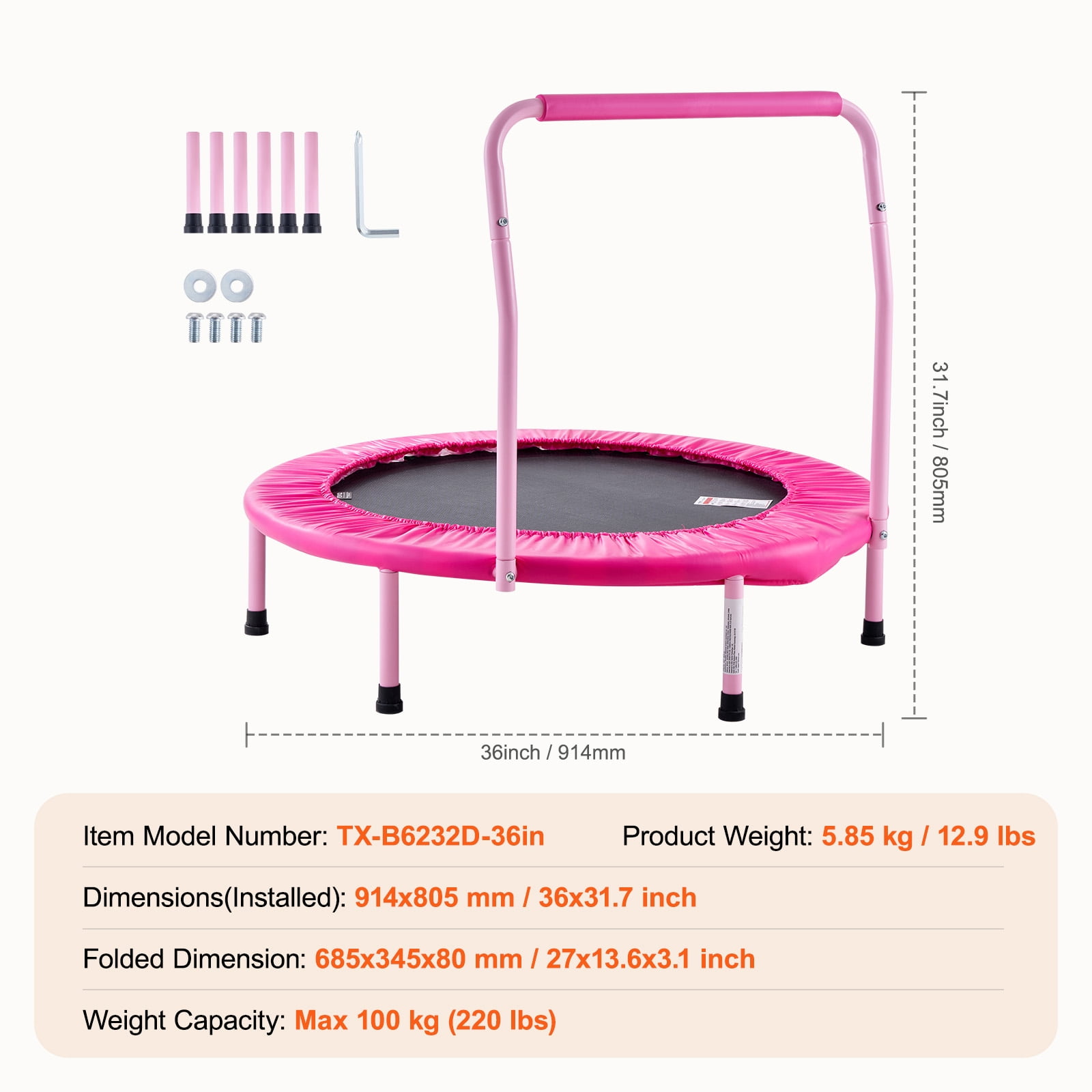 KFFKFF 36-Inch Children's Trampoline, Indoor and Outdoor 3FT Compact Trampoline, Collapsible Trampoline with Support Bar, Bouncing Trampoline for Youngsters, Ideal 3+ Year Old Kids' Birthday Present