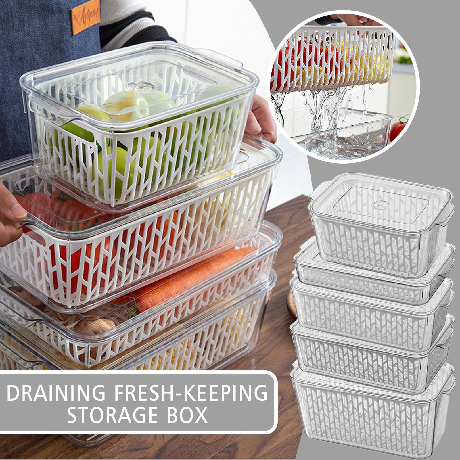 Modular Refrigerator Fresh-Keeper System with Drainage Grid - Food-Grade Sealed Container for Vegetable Hydration, Fruit Preservation & Egg Stacking | BPA-Free Crisper Organizer(13.19x6.5x3.94")