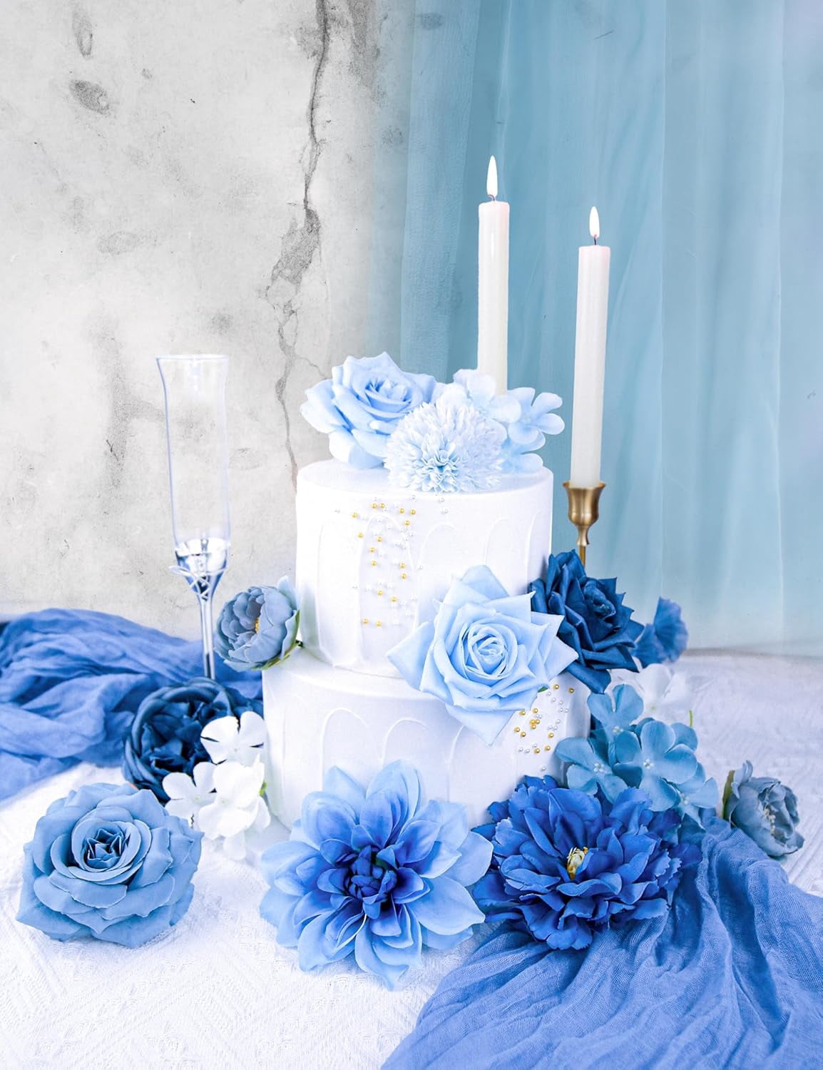 Artificial Flowers for Home Decorations: Blue Silk Fake Flowers Bulk Boxed Set, Peony Roses Bouquets with Stems for Table Centerpiece, DIY Wedding, Bridal Shower, Graduation Cap & Tea Party