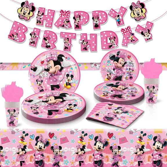 Minnie Birthday Party Supplies Birthday Banners, Dessert Plates, Napkins, Cups, Banner and Tablecloth