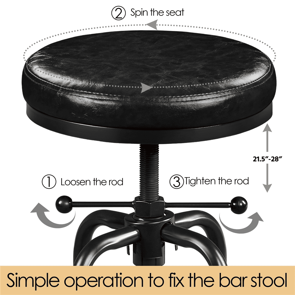 Alden Design Vintage Faux Leather Counter-Height Bar Stool with Metal Legs for Kitchen Restaurant, Black