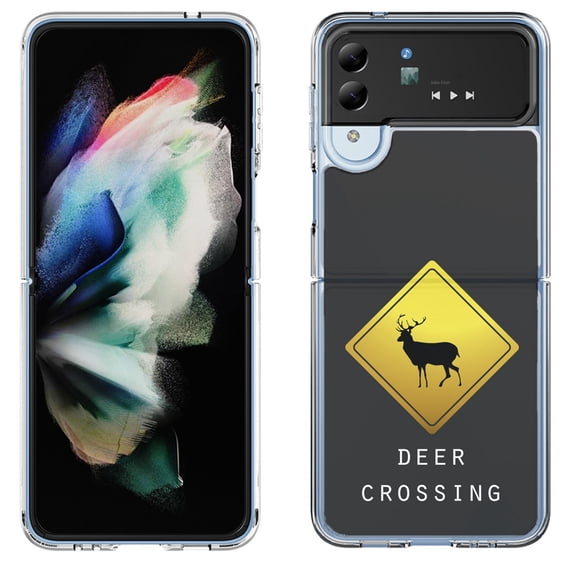 Shockproof Bumper Phone Case for Samsung Galaxy Z Flip 4 5G, by OneToughShield ® - Road Sign Deer