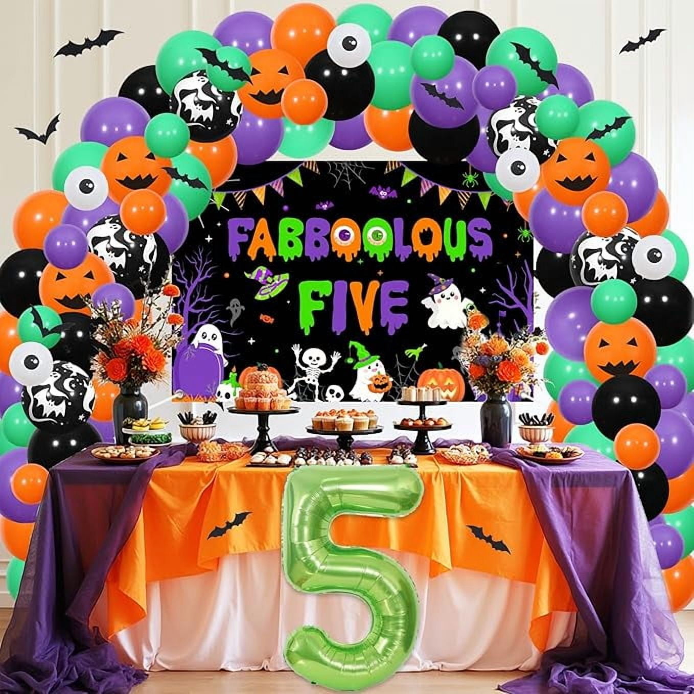 Halloween 5th Birthday Decorations Boy Girl - Orange Green Purple Halloween Balloons Garland Arch Kit with Fabboolous Five Backdrop, Bat Wall Stickers, Number 5 Balloon
