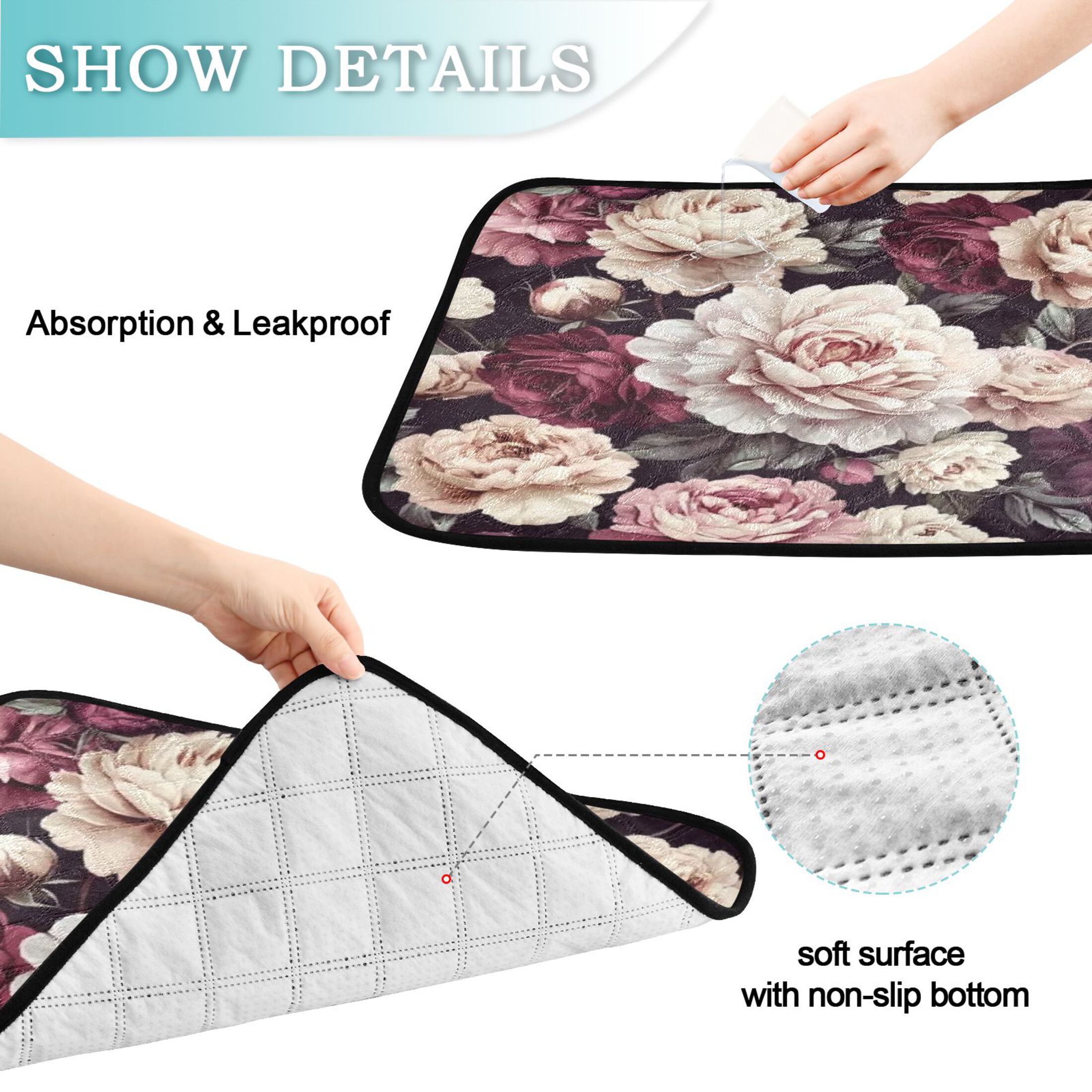 Qxltty Milk White Peony Cat litter Pads Pet Set of 3 Diaper Mats Center Anti-leakage Layer Absorbent Soft and Comfortable