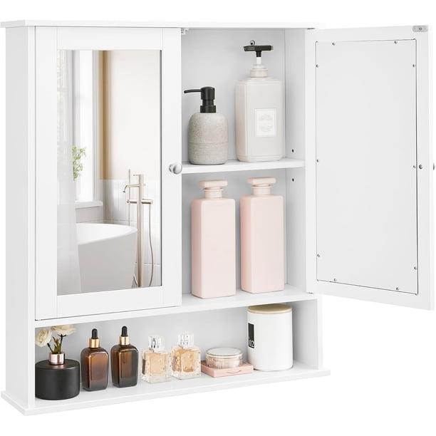 Armario de Baño, Armario de Pared, 13 x 56.5 x 58.5 cm, Puerta con Doble Espejo, Estantes de Altura Ajustable, Blanco MLHC002