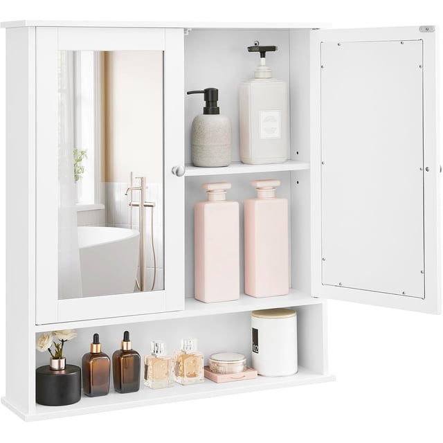 Armario de Baño, Armario de Pared, 13 x 56.5 x 58.5 cm, Puerta con Doble Espejo, Estantes de Altura Ajustable, Blanco MLHC002