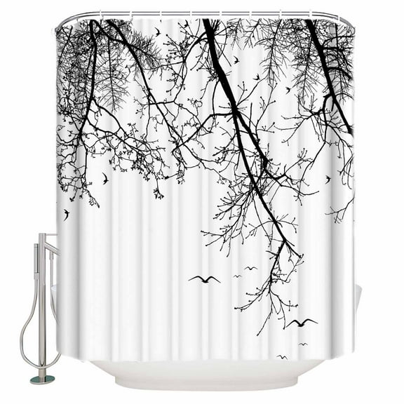 Fabric Shower Curtain, Black Silhouette of Birds and Tree Branches White Shower Curtains with 12 Hooks Waterproof Machine Washable Bath Curtains for Bathroom,54 x 78in