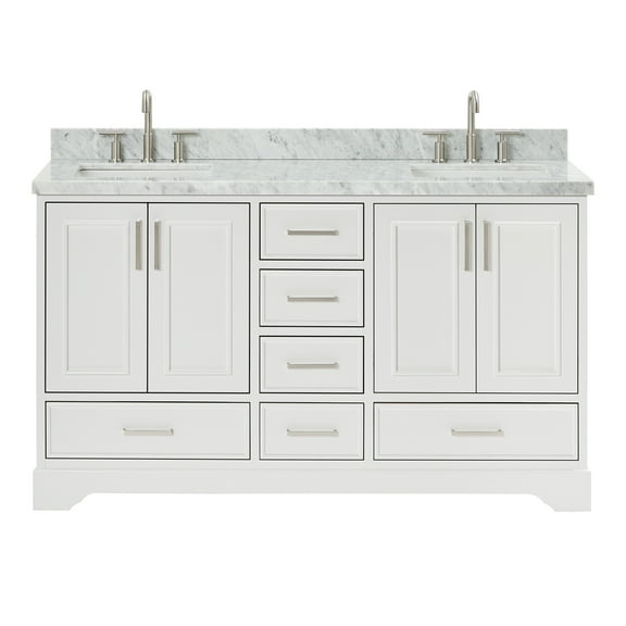 Ariel Stafford 61 Inch Double Rectangle Sink Vanity With Carrara White Marble Countertop W/1.5" Edge In White