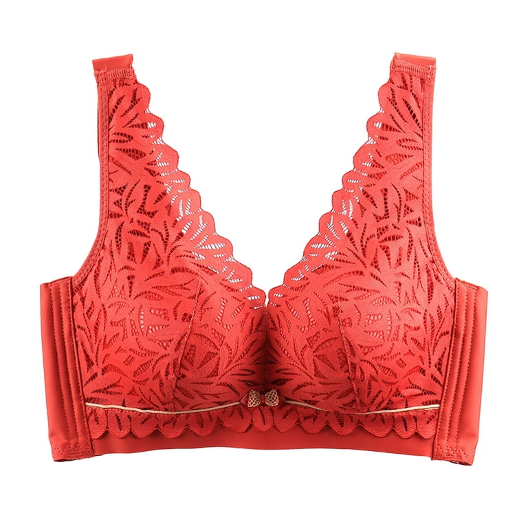 Zunfeo Bras for Women- Push-up Wire Free Full Figure Lace Sexy Bralette  Underwear Watermelon Red S 