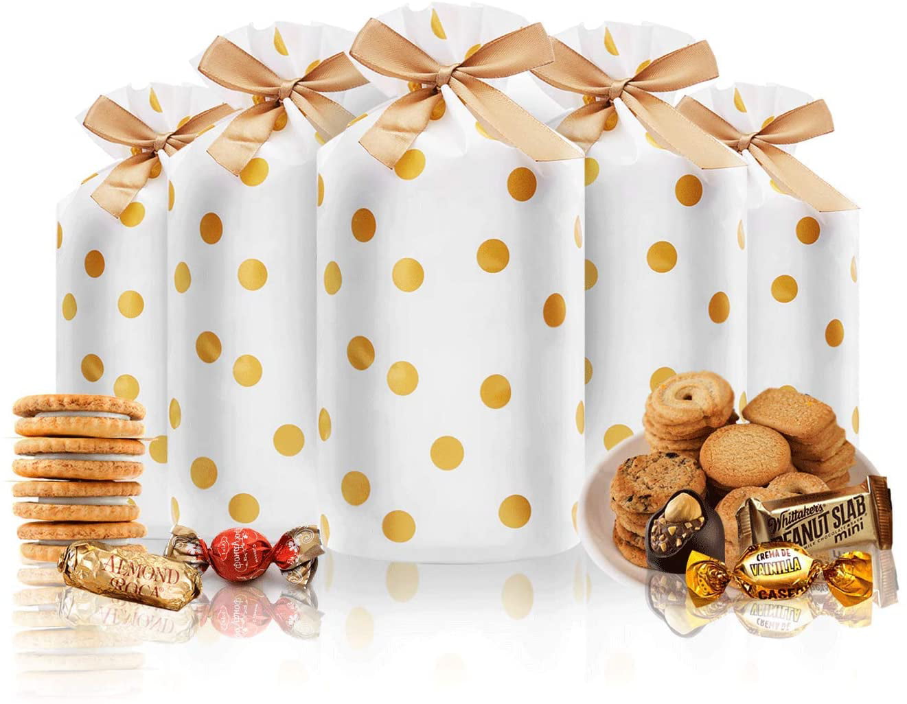 30pcs Candy Cookies Drawstring Gift Bags  w/ Bow-Tie Gold Dot Plastic Treat Bags 