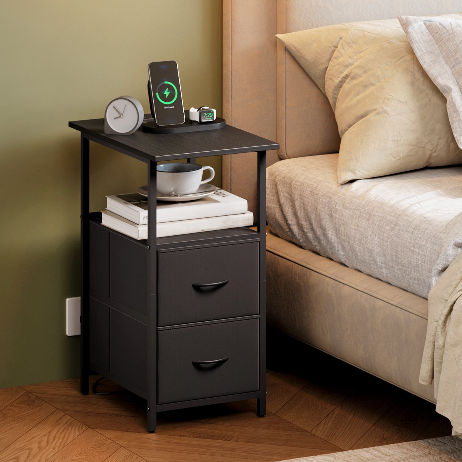 Eunos Black Long End Table with Charging Station, Nightstand with Open Shelf, 2 Fabric Drawer
