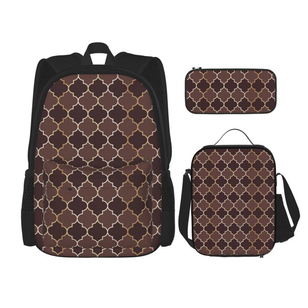 Balery Brown Gold Grid Mochila escolar 3 en 1 para niños: mochila resistente con lonchera térmica y estuche para lápices. Mochila escolar para niños y niñas.
