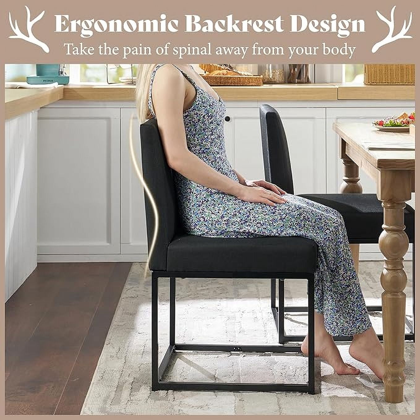 Merluxy Mid Century Linen Dining Chairs Set of 6, Modern Upholstered Dinner Chairs with Metal Frame for Restaurant, Dining Room, Kitchen, Black Padded Chairs