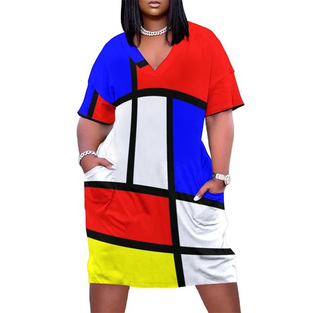 Piet Mondrian Composition 2 Color Block con bolsillo suelto rojo amarillo y azul vestido de vendaje para mujer
