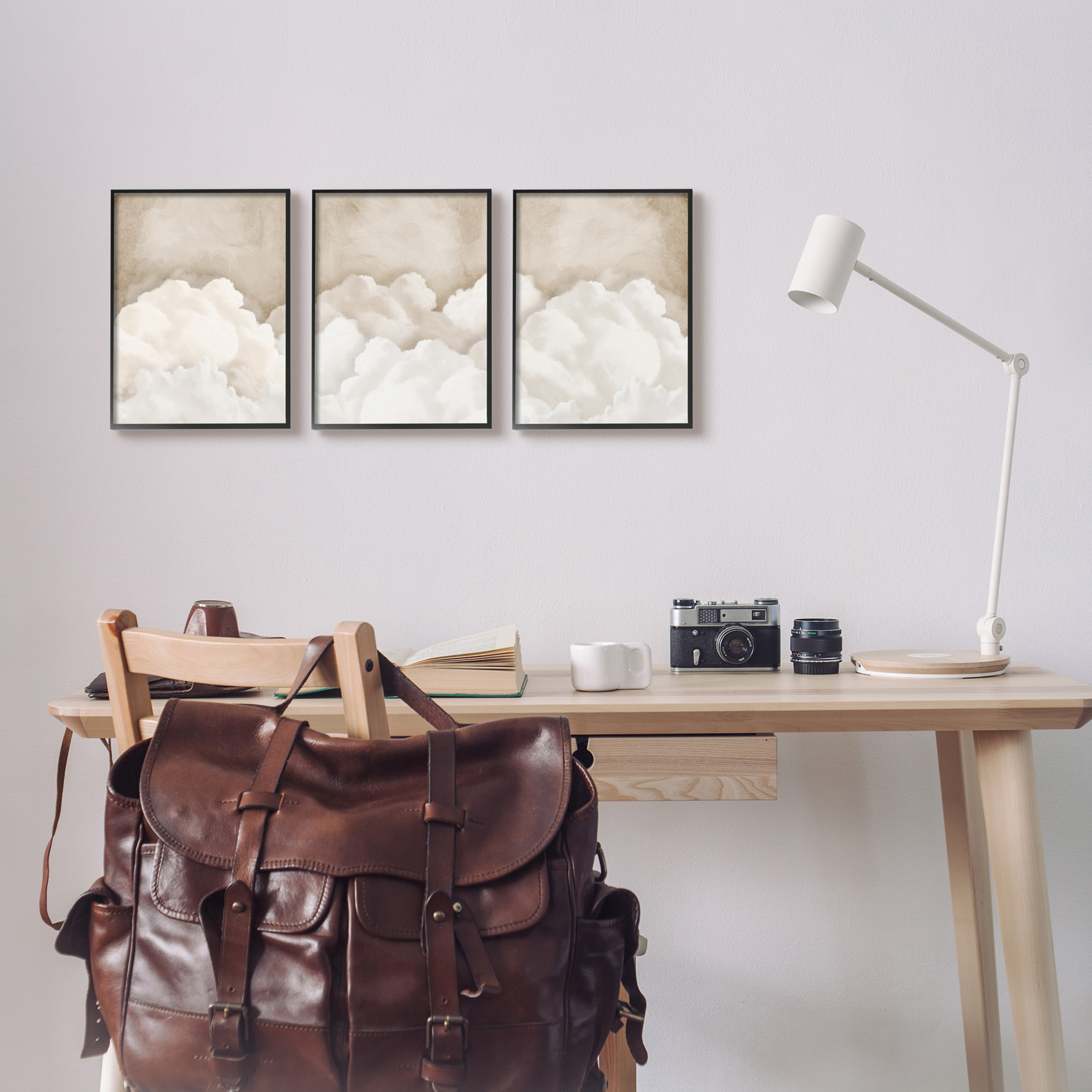 Stupell Industries Vintage Beige Clouds Nature Painting Black Framed Art Print Wall Art, 11 x 14, Set of 3