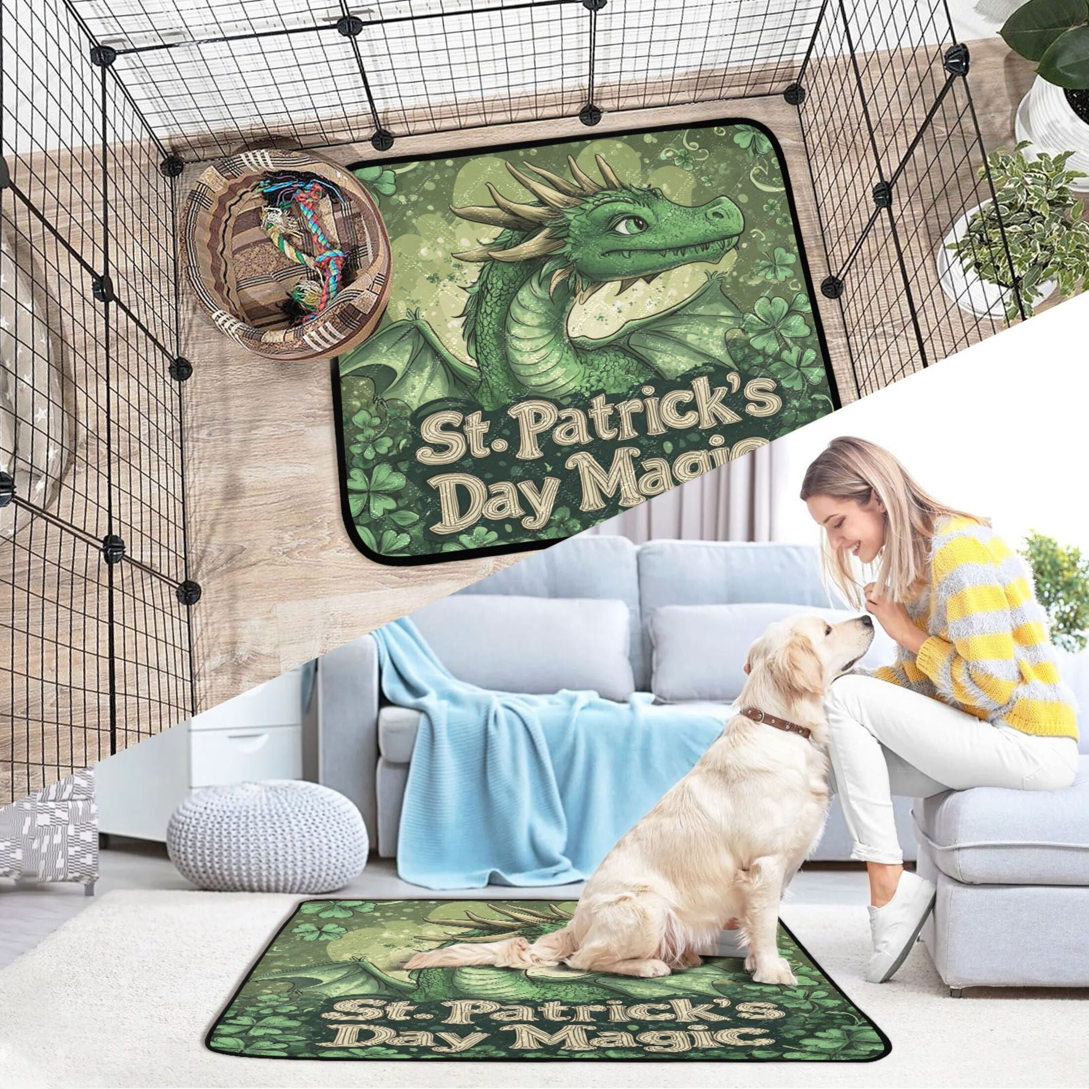 Qxltty Stpatricks Day Anime Dragon Cat litter Pads Pet Set of 3 Diaper Mats Center Anti-leakage Layer Absorbent Soft and Comfortable
