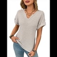 thumbnail image 3 of Blusas Elegantes e Informales de Corta para Mujer, Modernas, de Verano, con Cuello en V, Holgadas y A Rayas. Albaricoque L, 3 of 10