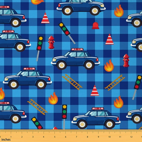 Castle Fairy Cartoon Police Car Fabric by the Yard 1 Yard for Boys, Blue Plaid Home Decor Fabric by the Yard, Traffic Light Sewing Fabric