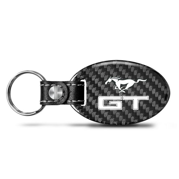 Ford Mustang GT Real Carbon Fiber Large Oval Shape Black Leather Strap Key Chain
