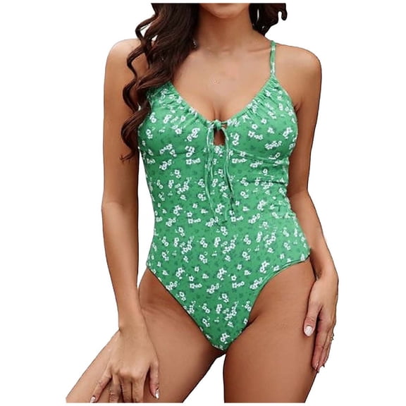 One Piece Swimsuit For Women Spaghetti Strap Sleeveless Drawstring Bathing Suit Floral Print Trendy Cute Swimwear (XL, Green)