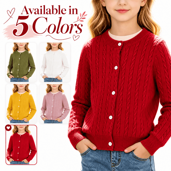 Girl's Knit Button down Cardigan - Long Sleeve Crew Neck Sweater Coat - Fall Vintage Fashion Outerwear