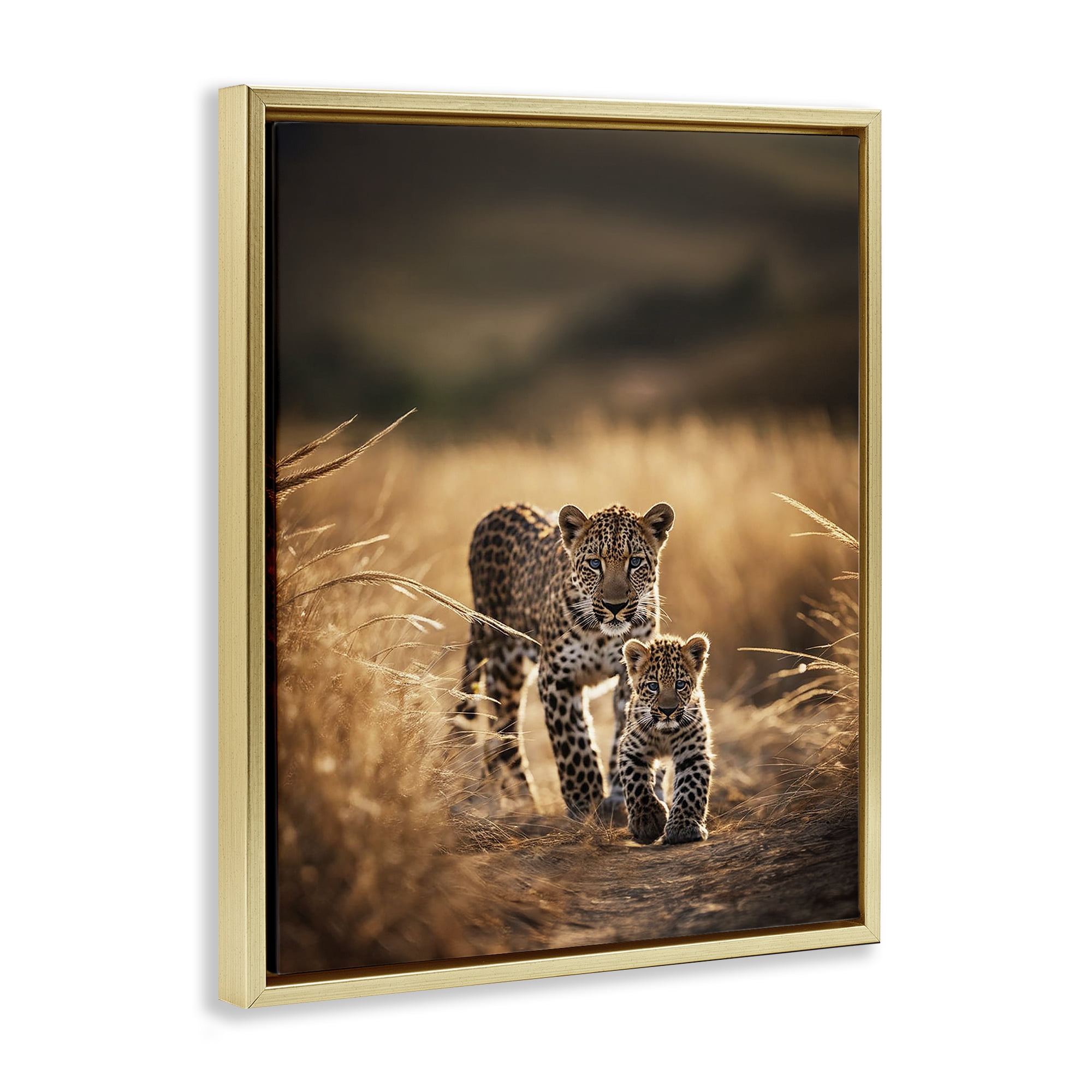 Stupell Industries Cheetah & Cub in Nature Animals Photography Gold Floater Framed Canvas Art Print Wall Art, 17 x 21