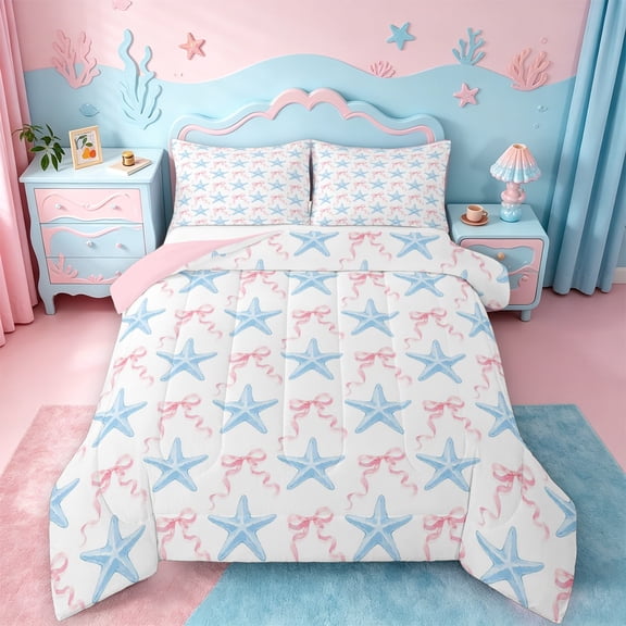 jejeloiu Watercolor Starfish Bow Full Size Comforter Sets For Girls,Girly Ocean Accent Bedding Comforter Set,Light Blue,Pink Reversible,3pcs,1 Comforter and 2 Pillowcases