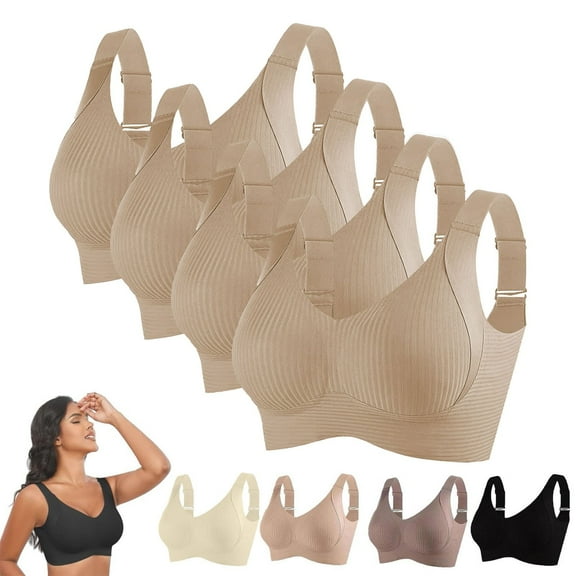 TEVEQ 4Pc Racerback Sports Bras for Women High Support No Underwire Seamless Wireless Bra Full Coverage Padded Support Bra for Yoga Gym Workout Fitness Thin Laceless Ring Comfortable Breathability Un